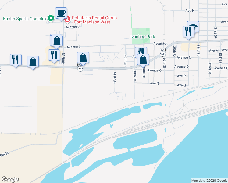 map of restaurants, bars, coffee shops, grocery stores, and more near 5 41st Street in Fort Madison