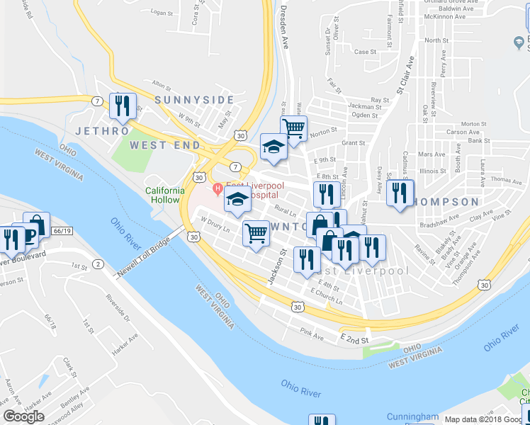 map of restaurants, bars, coffee shops, grocery stores, and more near 299 West 6th Street in East Liverpool
