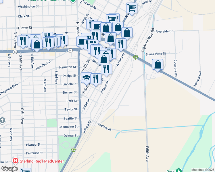 map of restaurants, bars, coffee shops, grocery stores, and more near 201 South Front Street in Sterling