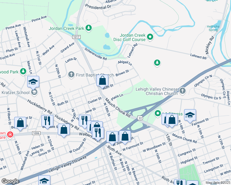 map of restaurants, bars, coffee shops, grocery stores, and more near 1715 Plaza Lane in Allentown
