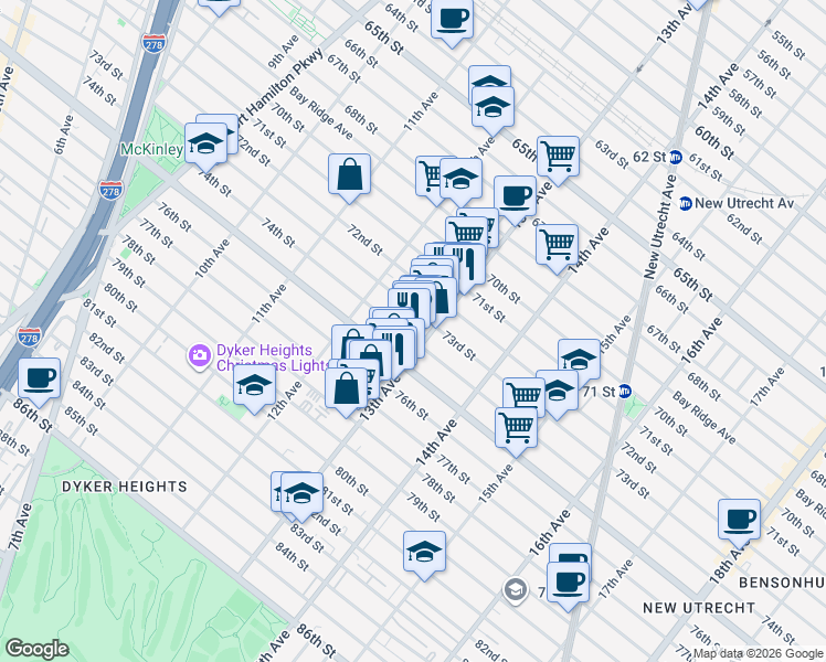 map of restaurants, bars, coffee shops, grocery stores, and more near 1268 73rd Street in Brooklyn