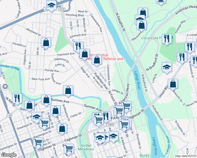 map of restaurants, bars, coffee shops, grocery stores, and more near 1074 Fullerton Avenue in Allentown