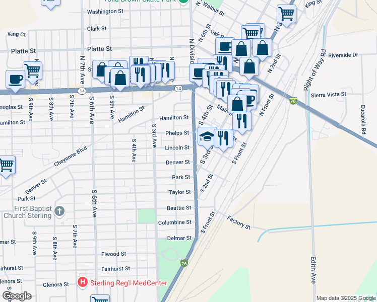 map of restaurants, bars, coffee shops, grocery stores, and more near 109 Lincoln Street in Sterling