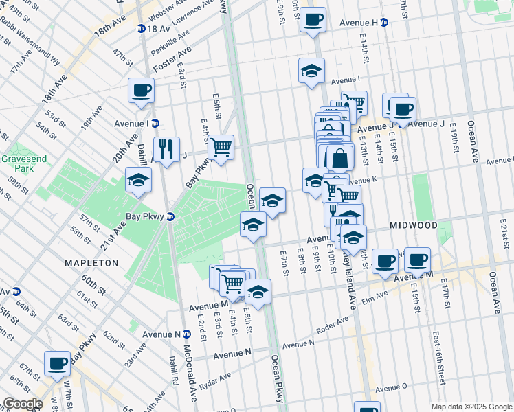 map of restaurants, bars, coffee shops, grocery stores, and more near 1119 Ocean Parkway in Brooklyn