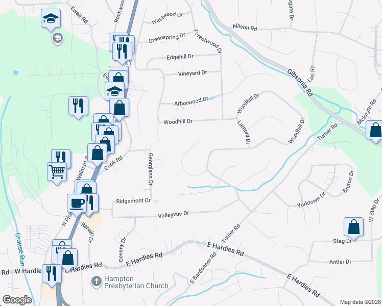 map of restaurants, bars, coffee shops, grocery stores, and more near 1052 High Meadows Drive in Gibsonia