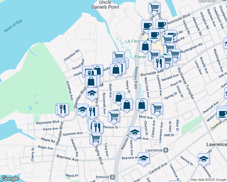 map of restaurants, bars, coffee shops, grocery stores, and more near 168 Wahl Avenue in Inwood