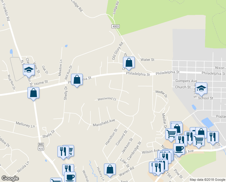 map of restaurants, bars, coffee shops, grocery stores, and more near 115 West Oak Court in Indiana