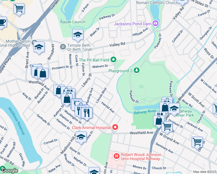 map of restaurants, bars, coffee shops, grocery stores, and more near 111 Lincoln Boulevard in Clark