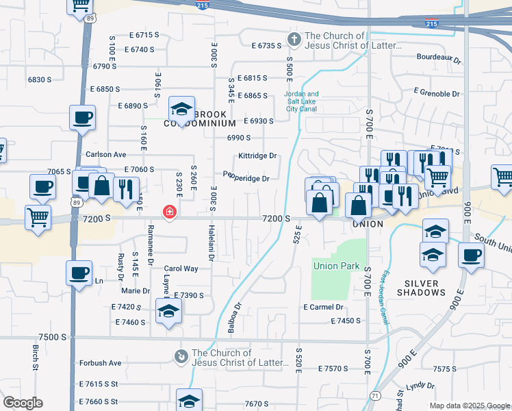 map of restaurants, bars, coffee shops, grocery stores, and more near 7170 South 420 East in Midvale