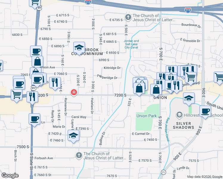 map of restaurants, bars, coffee shops, grocery stores, and more near 7170 South 420 East in Midvale