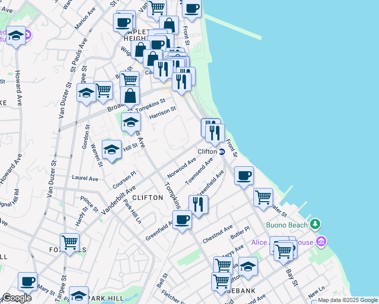 map of restaurants, bars, coffee shops, grocery stores, and more near 68 Vanderbilt Avenue in Staten Island