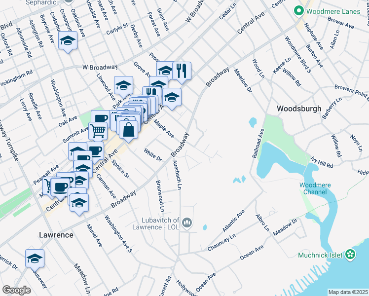 map of restaurants, bars, coffee shops, grocery stores, and more near 588 Broadway in Cedarhurst