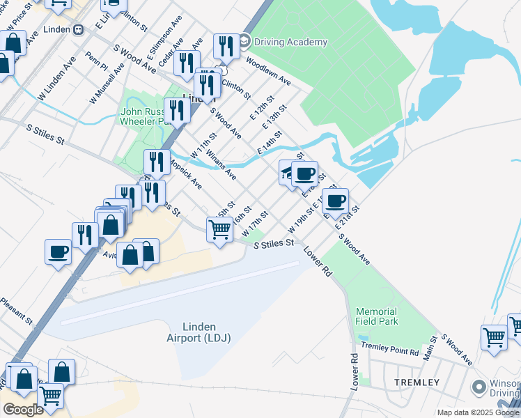 map of restaurants, bars, coffee shops, grocery stores, and more near 1610 Winans Avenue in Linden