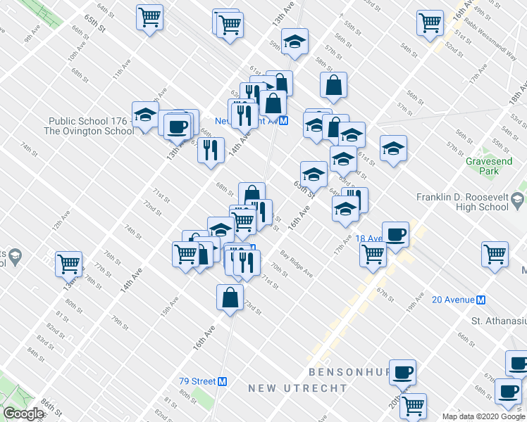 map of restaurants, bars, coffee shops, grocery stores, and more near 6701 New Utrecht Avenue in Brooklyn