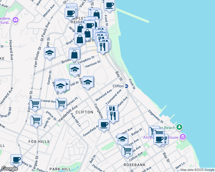 map of restaurants, bars, coffee shops, grocery stores, and more near 68 Vanderbilt Avenue in Staten Island