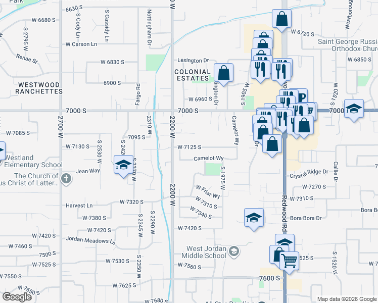 map of restaurants, bars, coffee shops, grocery stores, and more near 2127 West 7125 South in West Jordan