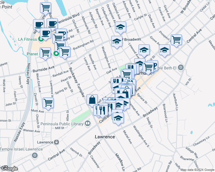 map of restaurants, bars, coffee shops, grocery stores, and more near 376 Summit Avenue in Cedarhurst