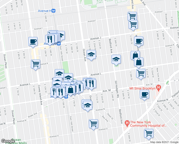 map of restaurants, bars, coffee shops, grocery stores, and more near 1301 East 21st Street in Brooklyn