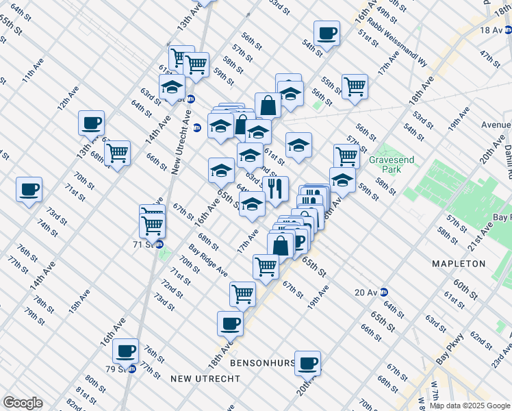 map of restaurants, bars, coffee shops, grocery stores, and more near 1647 65th Street in Brooklyn
