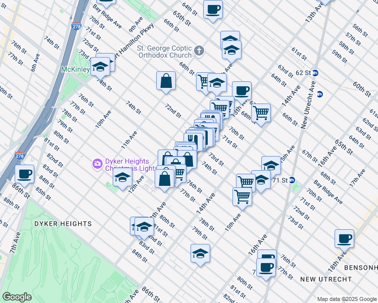 map of restaurants, bars, coffee shops, grocery stores, and more near 1268 73rd Street in Brooklyn