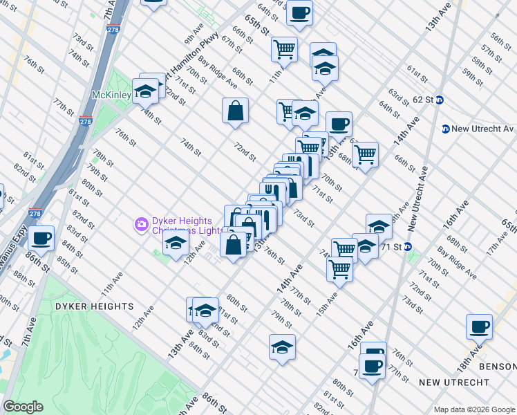 map of restaurants, bars, coffee shops, grocery stores, and more near 1232 74th Street in Brooklyn