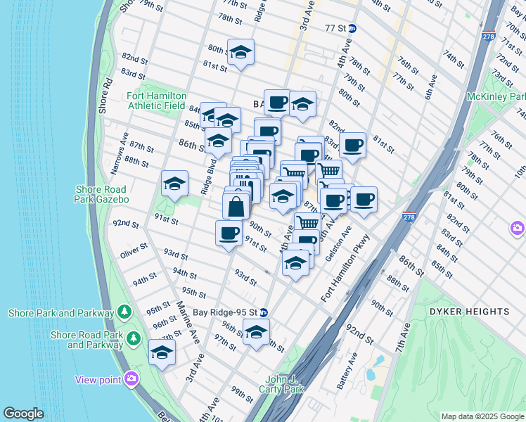 map of restaurants, bars, coffee shops, grocery stores, and more near 321 89th Street in Brooklyn