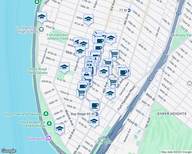 map of restaurants, bars, coffee shops, grocery stores, and more near 321 89th Street in Brooklyn