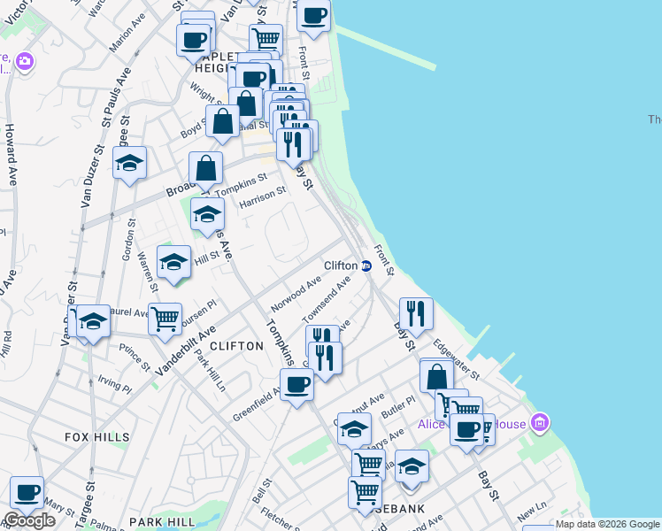 map of restaurants, bars, coffee shops, grocery stores, and more near 25 Norwood Avenue in Staten Island