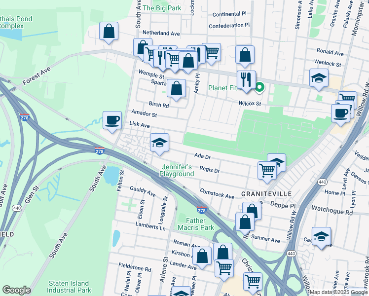 map of restaurants, bars, coffee shops, grocery stores, and more near 249 Ada Drive in Staten Island