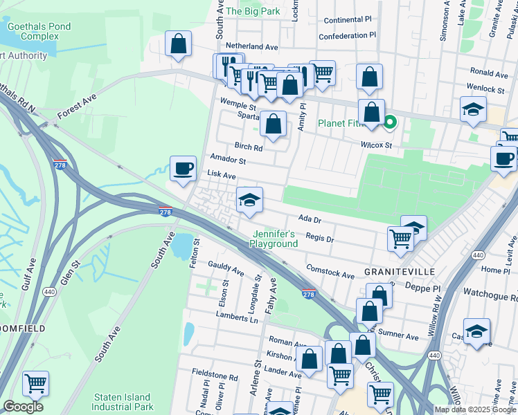 map of restaurants, bars, coffee shops, grocery stores, and more near 284 Ada Drive in Staten Island