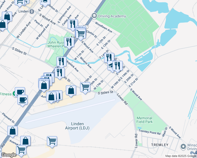 map of restaurants, bars, coffee shops, grocery stores, and more near 1610 Winans Avenue in Linden