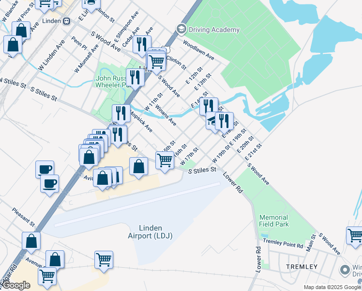 map of restaurants, bars, coffee shops, grocery stores, and more near 201 West 15th Street in Linden