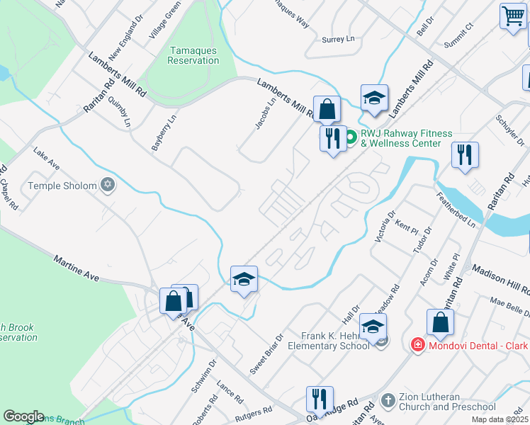 map of restaurants, bars, coffee shops, grocery stores, and more near 256 Spruce Mill Lane in Scotch Plains