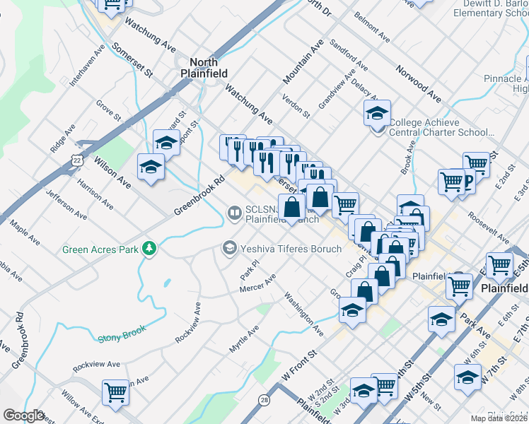 map of restaurants, bars, coffee shops, grocery stores, and more near 33 Linden Avenue in North Plainfield