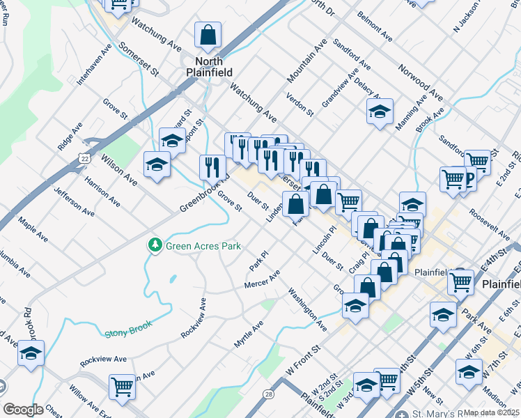 map of restaurants, bars, coffee shops, grocery stores, and more near 141 Duer Street in North Plainfield
