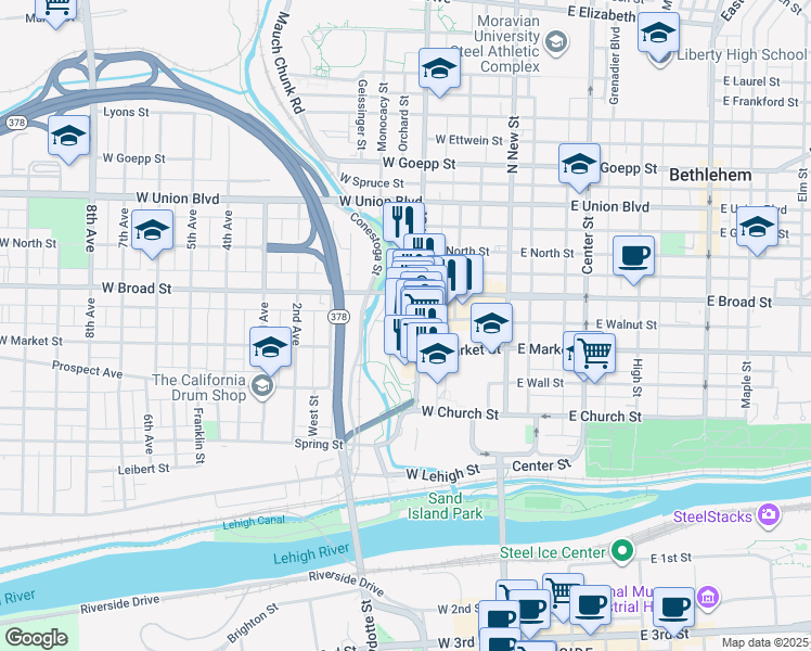map of restaurants, bars, coffee shops, grocery stores, and more near 533 Main Street in Bethlehem