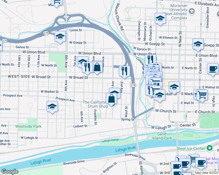 map of restaurants, bars, coffee shops, grocery stores, and more near 521 3rd Avenue in Bethlehem