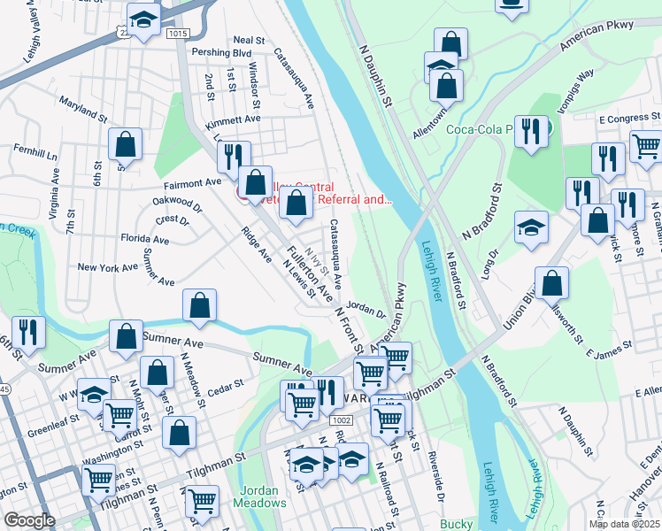 map of restaurants, bars, coffee shops, grocery stores, and more near 1067 Catasauqua Avenue in Allentown