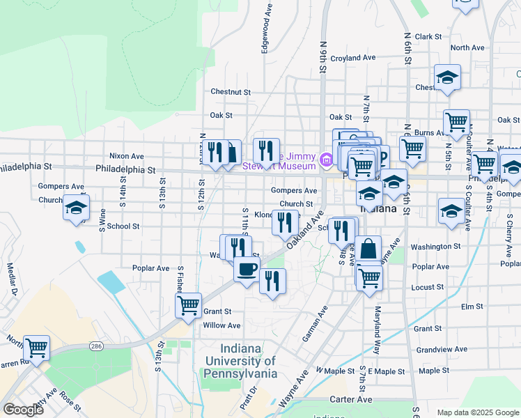 map of restaurants, bars, coffee shops, grocery stores, and more near 1038 Church Street in Indiana