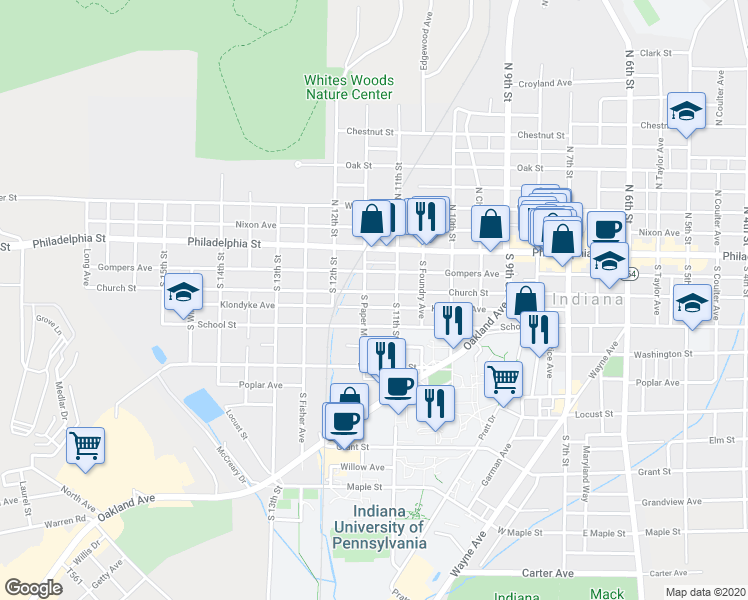 map of restaurants, bars, coffee shops, grocery stores, and more near 1110 Church Street in Indiana