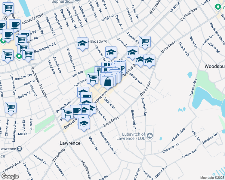 map of restaurants, bars, coffee shops, grocery stores, and more near 97 Cedarhurst Avenue in Cedarhurst