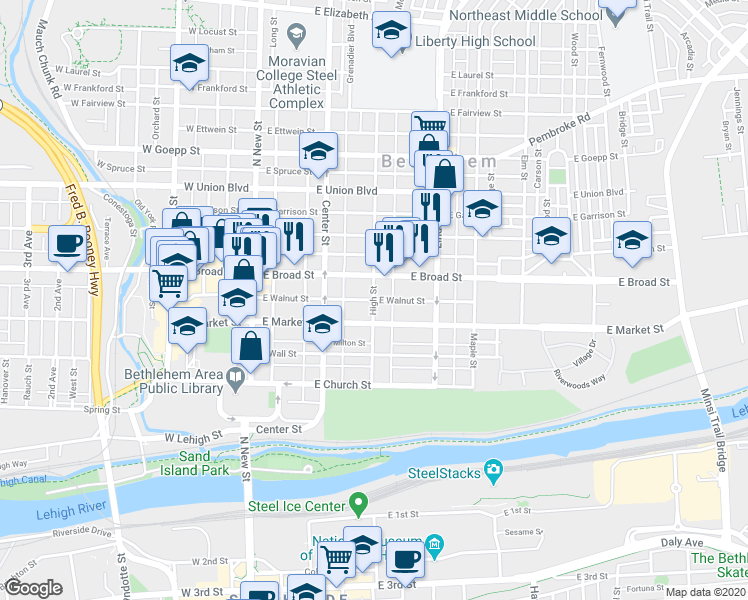 map of restaurants, bars, coffee shops, grocery stores, and more near 133 East Walnut Street in Bethlehem