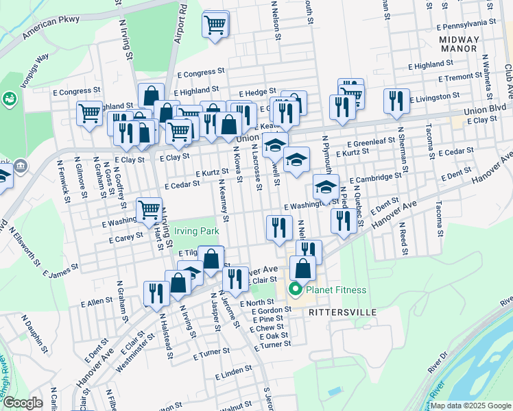 map of restaurants, bars, coffee shops, grocery stores, and more near 806-808 North Lacrosse Street in Allentown