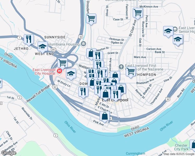 map of restaurants, bars, coffee shops, grocery stores, and more near 701 Dresden Avenue in East Liverpool