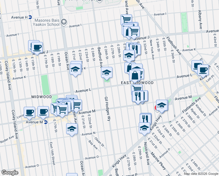 map of restaurants, bars, coffee shops, grocery stores, and more near 2520 Avenue L in Brooklyn