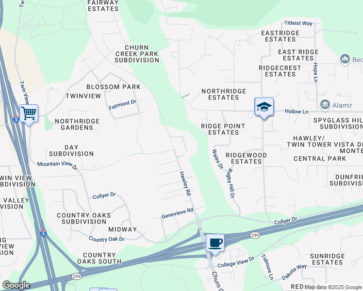 map of restaurants, bars, coffee shops, grocery stores, and more near 19079 Leaf Lane in Redding
