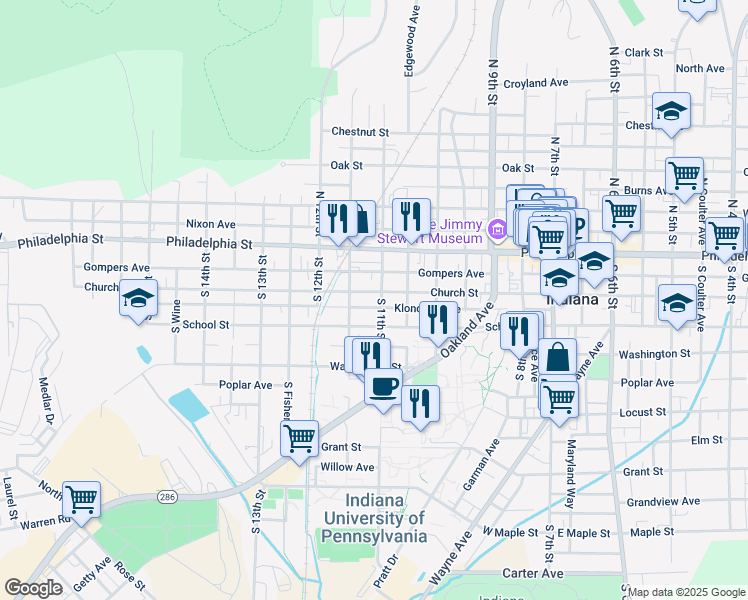 map of restaurants, bars, coffee shops, grocery stores, and more near 1110 Church St in Indiana