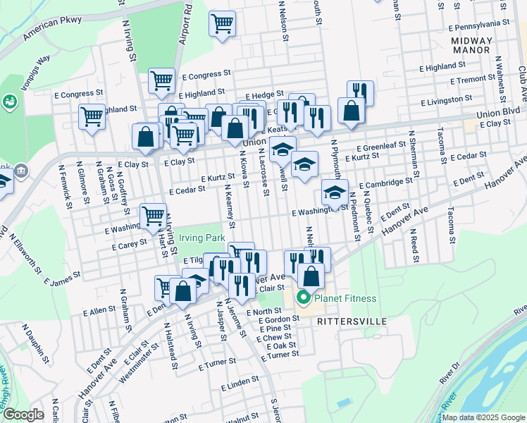 map of restaurants, bars, coffee shops, grocery stores, and more near 806-808 North Lacrosse Street in Allentown