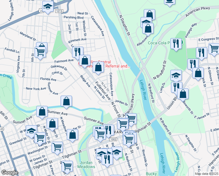 map of restaurants, bars, coffee shops, grocery stores, and more near 1067 Catasauqua Avenue in Allentown