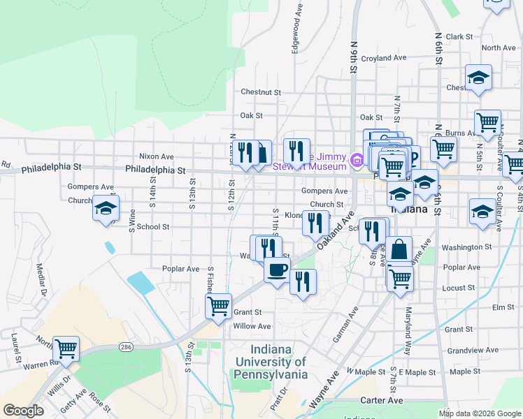 map of restaurants, bars, coffee shops, grocery stores, and more near 1110 Church Street in Indiana